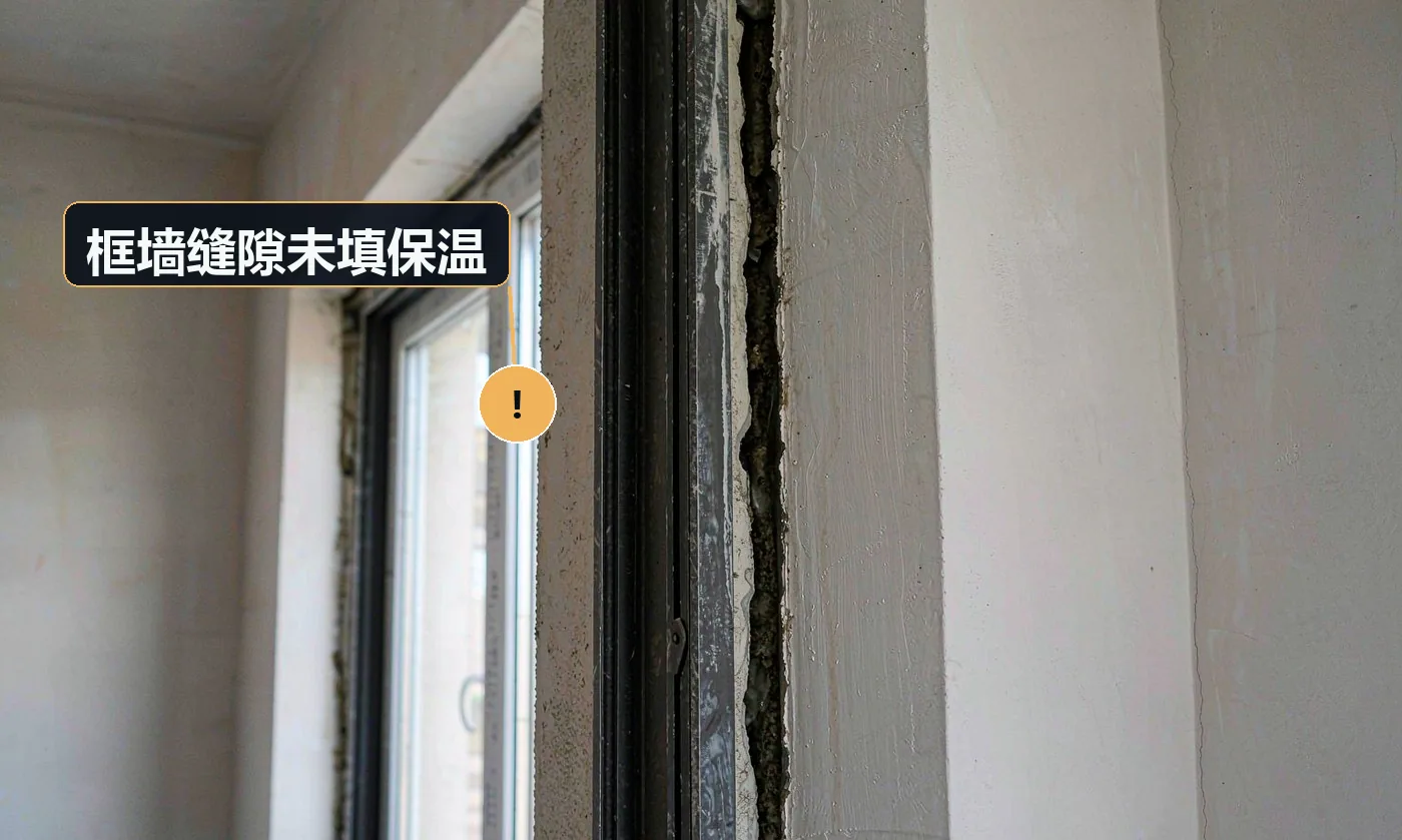 现象:冬天窗框边缘结露、发霉,室内靠窗位置明显冷。原因:缝隙只用砂浆填塞、未填保温材料;打胶不严导致冷空气渗透