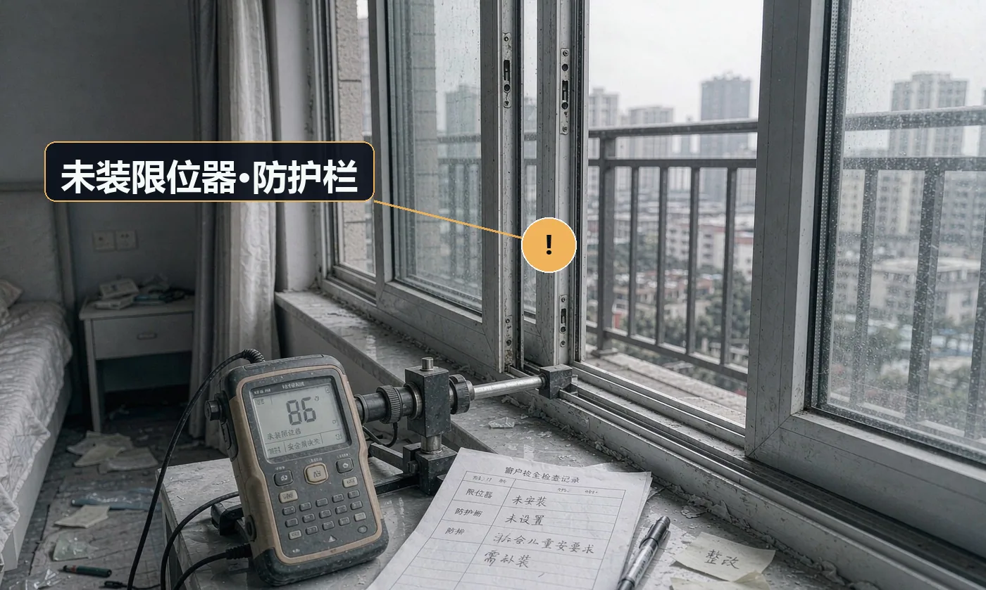 现象:窗户可完全打开,儿童存在坠落风险。原因:未按住宅安全要求配置限位或防护措施