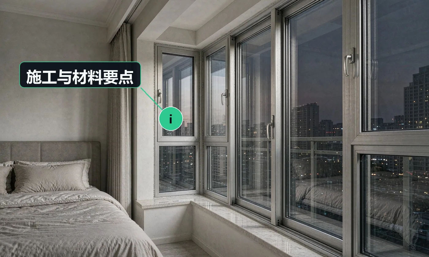 施工与材料要点:换窗本质上卖的是「隔音」——话术要从「晚上能不能睡好」切入;系统窗与普通断桥的差别在水密性、气密性与抗风压,不是厚度