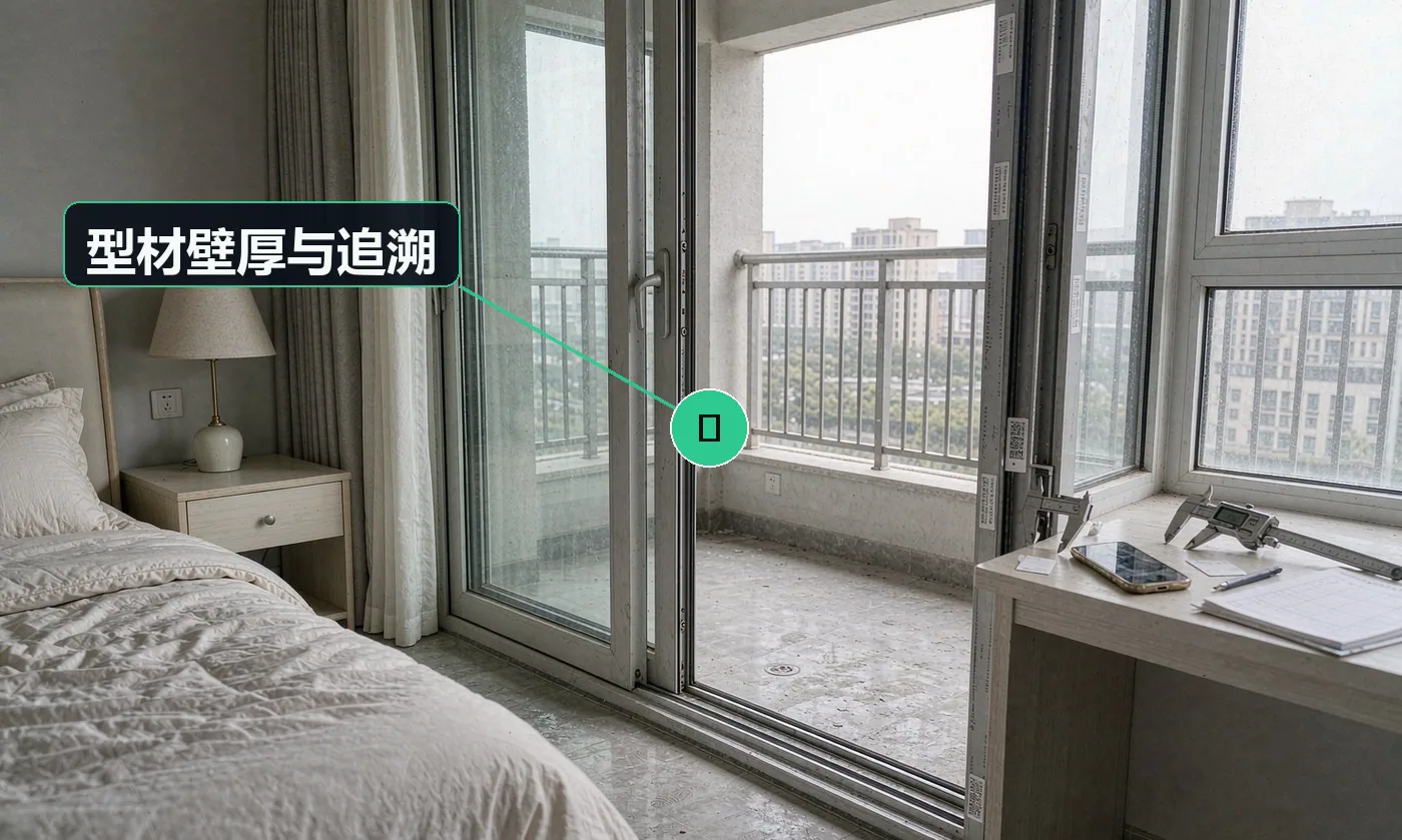 检查方式:游标卡尺实测 + 扫码核验质量追溯二维码。合格标准:外窗型材壁厚 ≥1.8mm(GB/T 8478-2020),产品可追溯