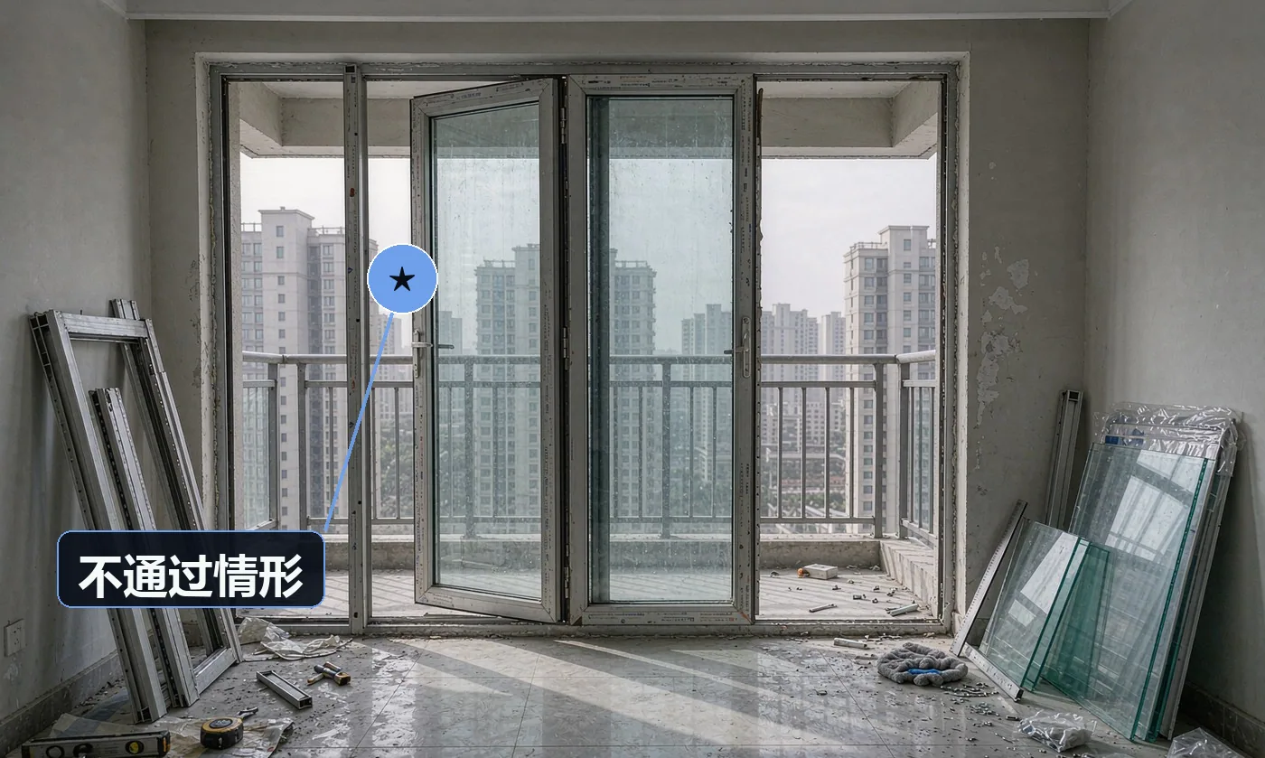 不通过情形:型材壁厚不足、使用非安全玻璃、未装防护措施:立即整改,未整改前不予交付(安全红线);淋水试验渗漏:重做密封打胶与基层处理,费用由施工方承担