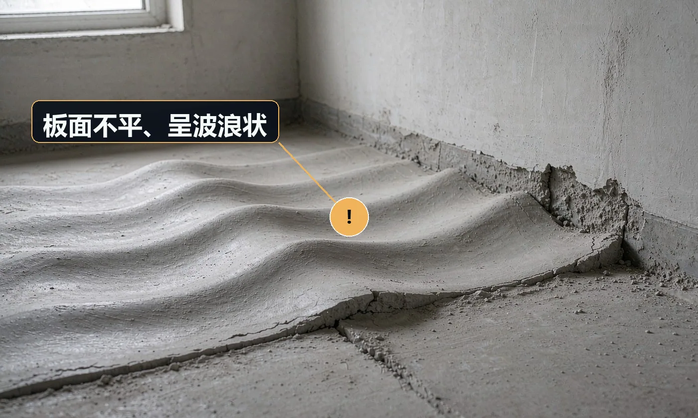 现象:侧光一照,吊顶表面起伏明显,像波浪。原因:主龙骨间距过大(超过 1.2m);主龙骨未调平就上板;吊杆高度不一致
