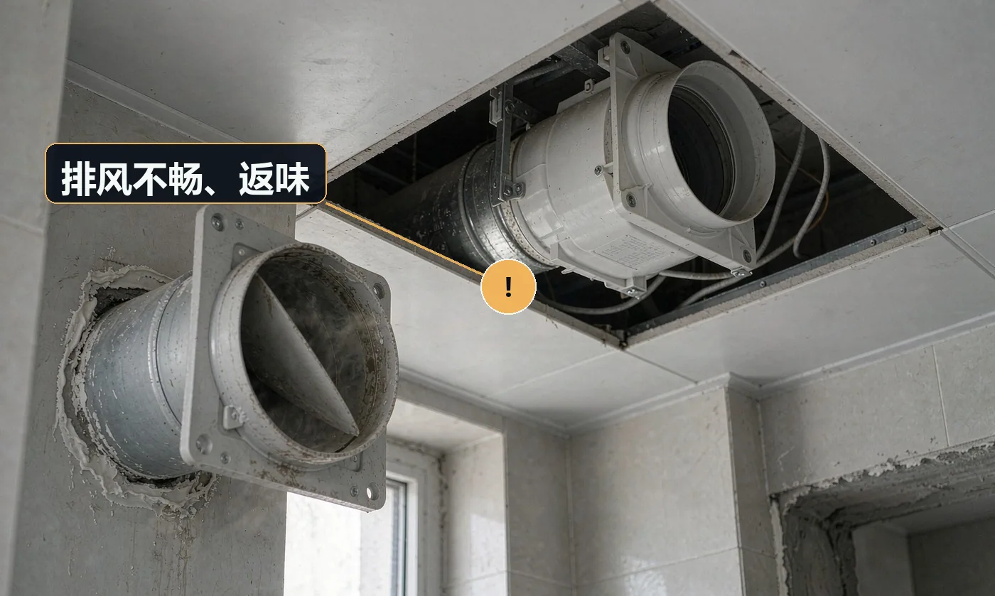 现象:卫生间洗完澡半天不干,还能闻到楼上的油烟味。原因:排风管未接到公共烟道或外墙;未装逆止阀;管路过长弯折