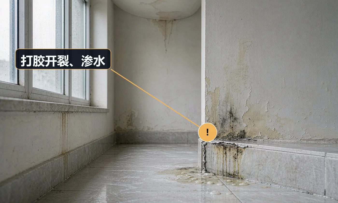 现象:雨天门框边缘渗水,胶缝开裂发黑。原因:使用普通玻璃胶;打胶前基层有水或灰尘;胶缝不连续