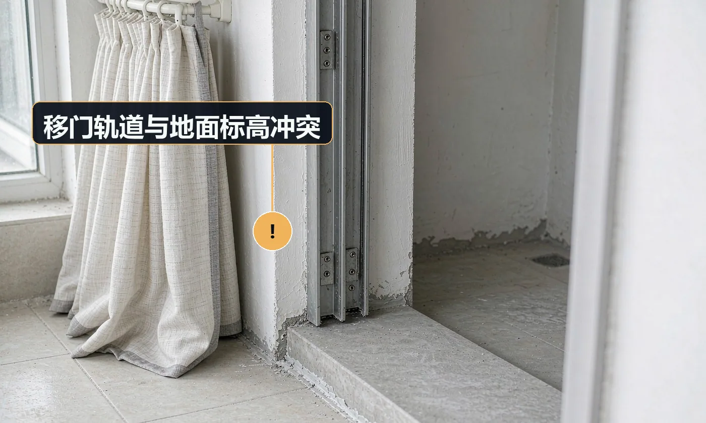现象:地轨高于地砖形成绊脚台阶,或轨道被地砖顶住装不下。原因:地面做法未与门方案对齐;先做地面后装门