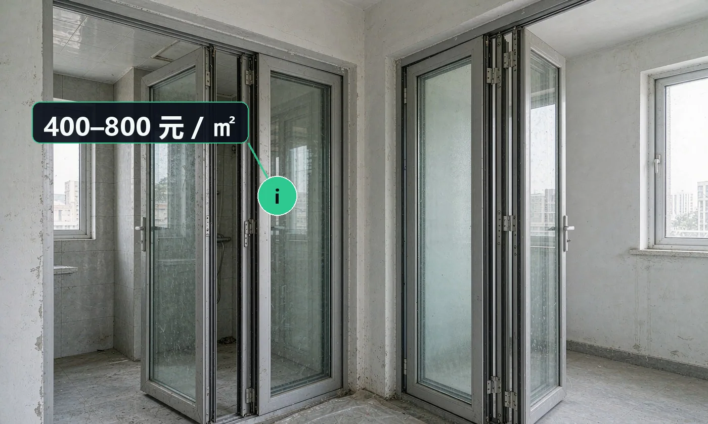 价格区间:普通推拉门 400–800 元 / ㎡;断桥门 800–1500 元 / ㎡;折叠门 600–1200 元 / ㎡;合页 / 滑轮五金另计