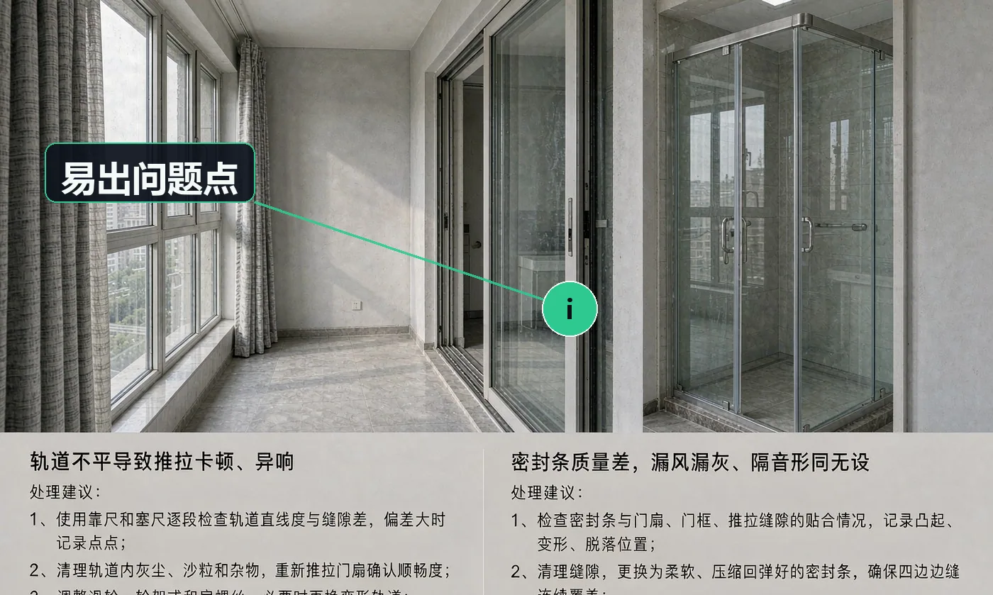 易出问题点:轨道不平导致推拉卡顿、异响,客户体验极差;密封条质量差,漏风漏灰、隔音形同虚设