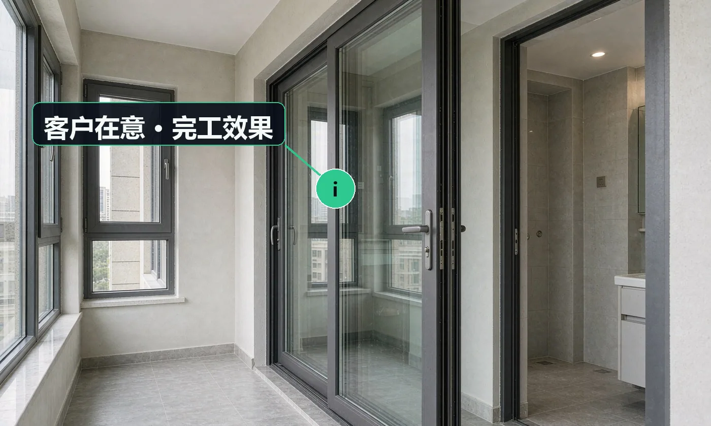 客户在意 · 完工效果:型材多厚、是不是断桥,隔音隔热效果怎么样;密封好不好,会不会漏风漏灰漏水