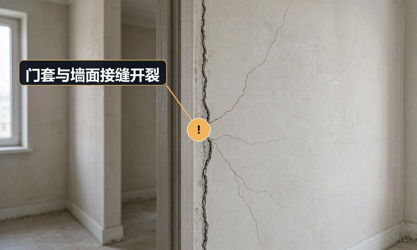 现象:门套与墙体交界处出现缝隙,慢慢扩大。原因:基层未清理;收口胶质量差或打胶不连续;墙体自身沉降