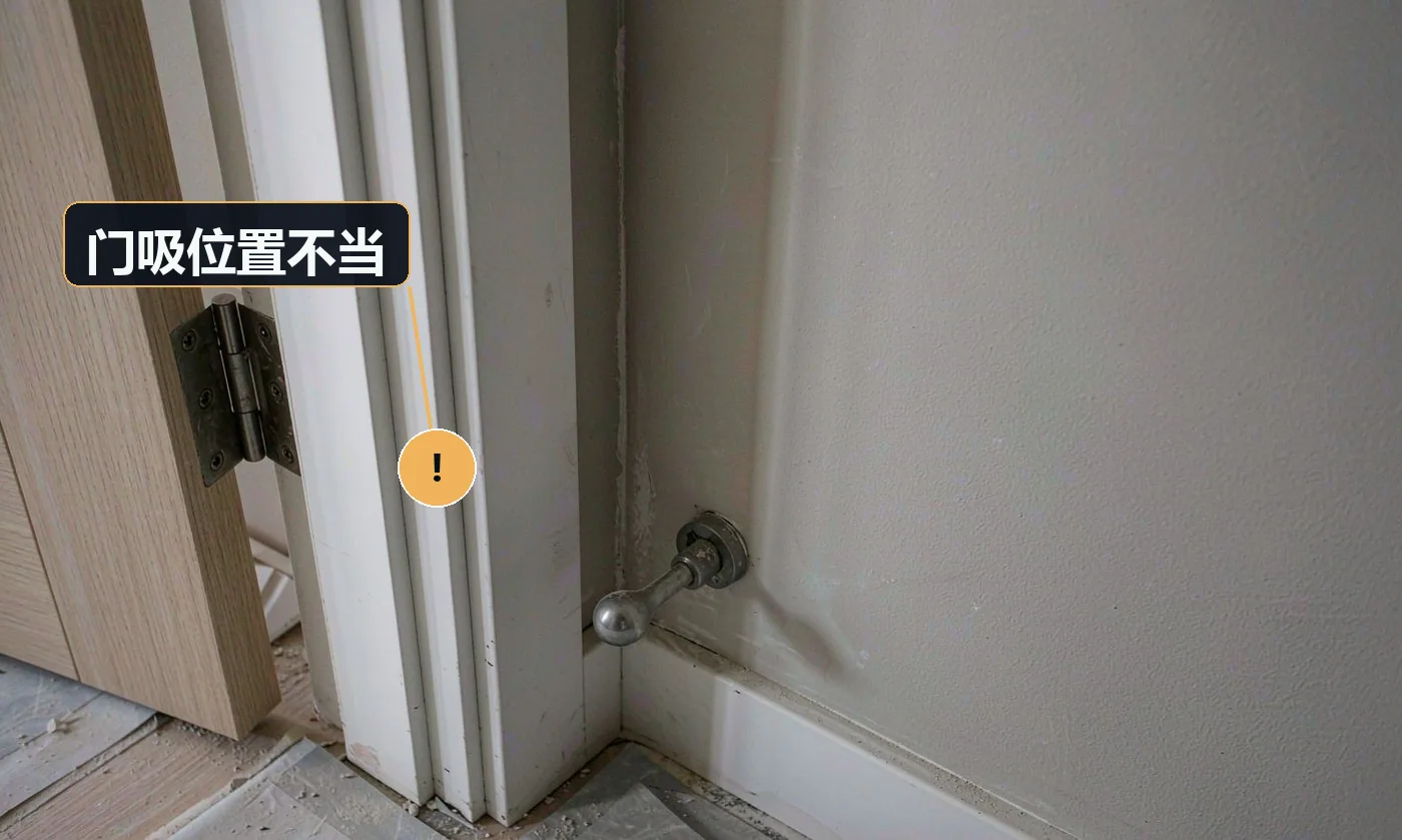现象:门吸吸不住,或开门时撞墙、撞家具。原因:未按门扇开启轨迹定位;地面门吸埋设高度不当