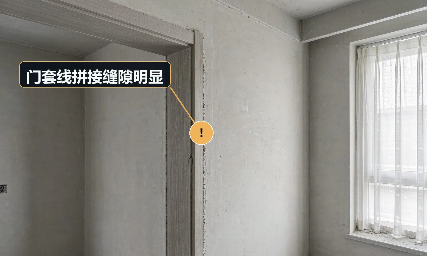 现象:门套线转角处有黑缝或错台。原因:切割角度不准(未做 45° 拼接);拼接处未打胶