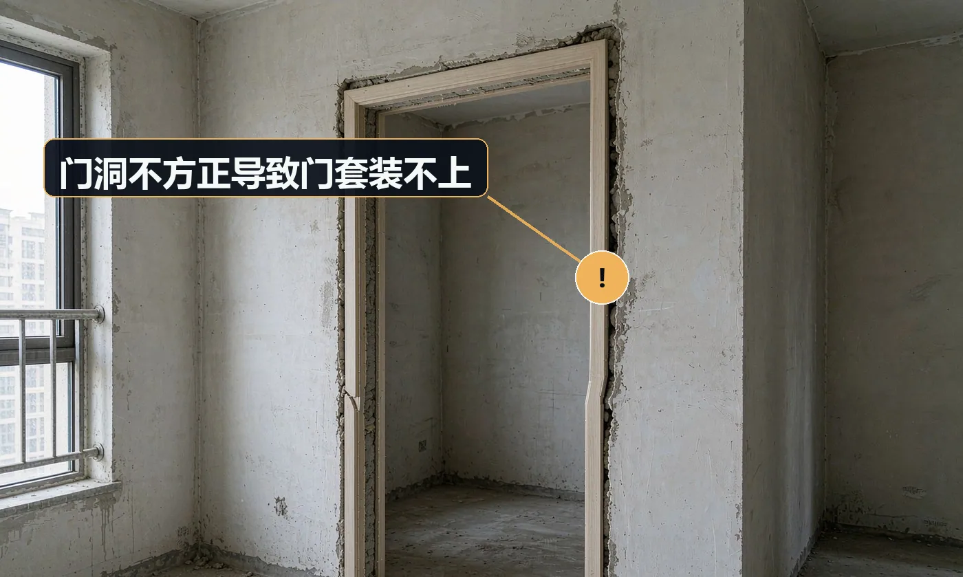 现象:门套线与墙面之间有明显大小头缝隙。原因:复尺时只量了宽度未量对角线;墙体不方正