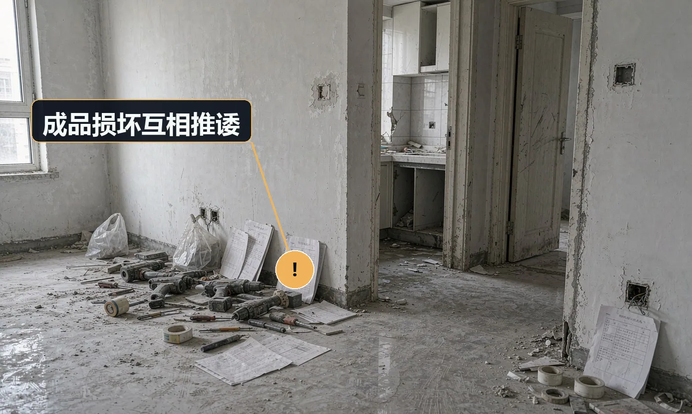 现象:刚铺好的砖被划了、柜子被磕了,谁弄的说不清,最后没人认。原因:业主自购材料在施工方接管前已破损;多工种交叉无交接确认;无进场验收记录