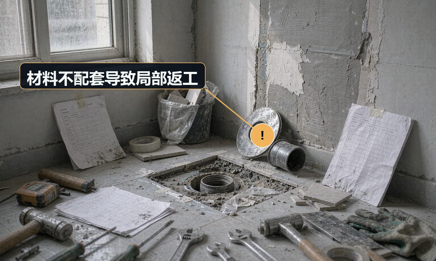 现象:大砖配了普通水泥砂浆、异形五金装不上原孔位。原因:业主按图片买货,未核对现场尺寸与技术参数;施工方未提前核对