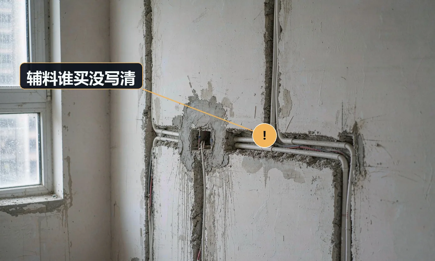 现象:小五金、玻璃胶、网格布、钉子这些零碎,业主说该你买,你说不包含。原因:合同辅料清单未逐项列明;「辅料」定义模糊