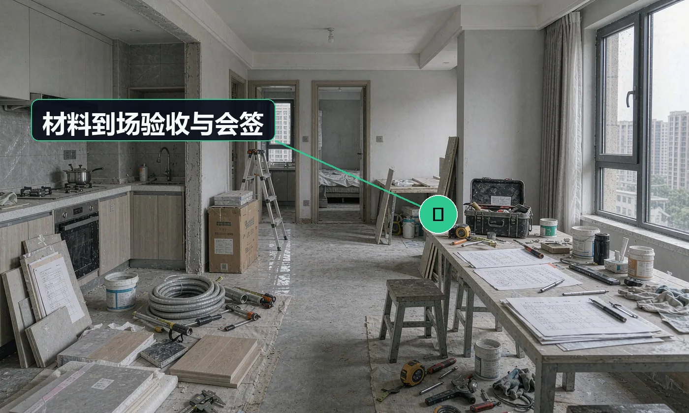检查方式:按《材料需求清单》逐项核规格、批号、合格证。合格标准:与业主共同验收并签《材料移交单》,注明既有破损