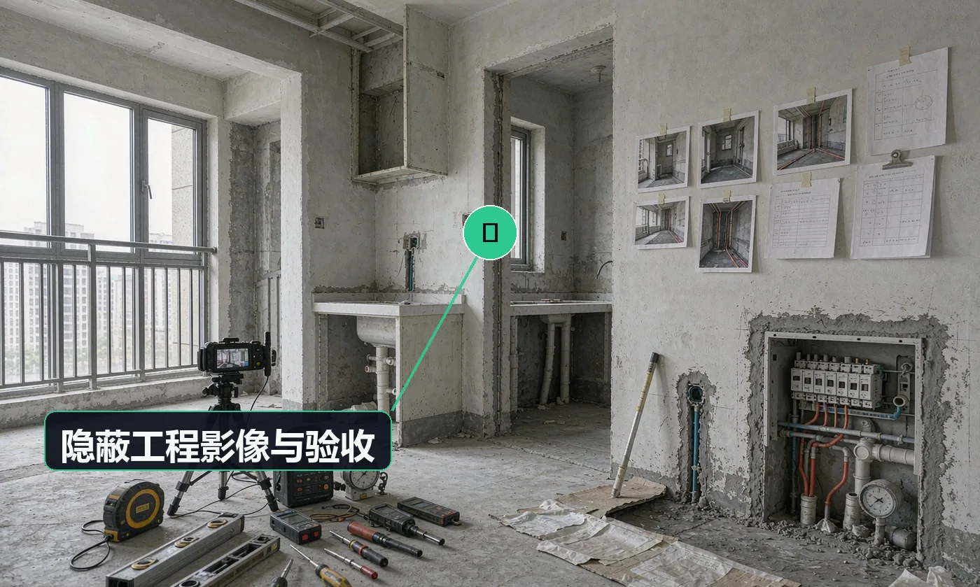 检查方式:水电、防水施工前中后拍照录像。合格标准:影像资料完整存档,管位、走线、防水层清晰可辨,各方签字