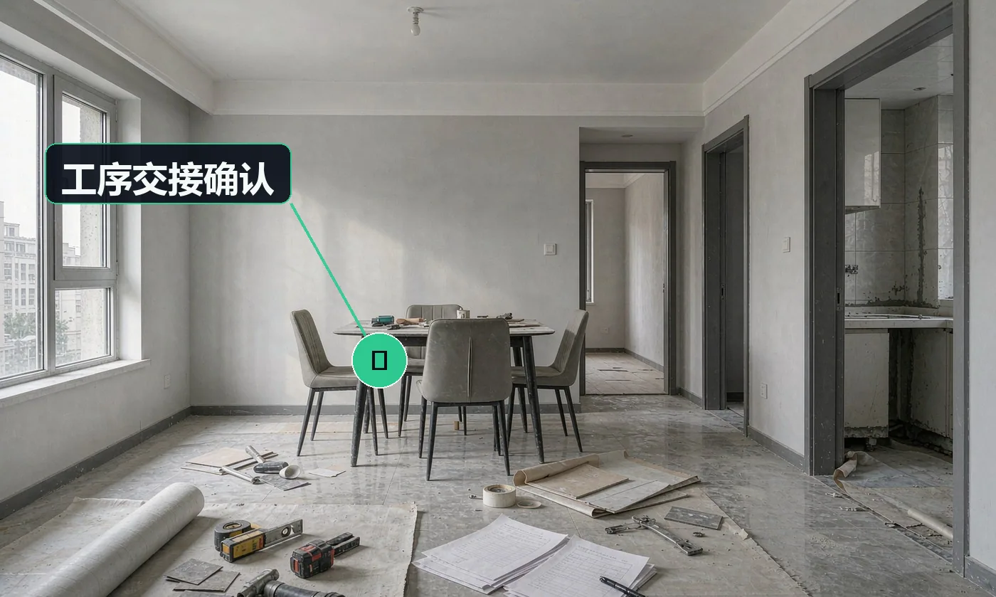 检查方式:每道工序完工后与下道工序班组现场交接。合格标准:交接单签字,上道工序遗留问题书面记录并限期整改