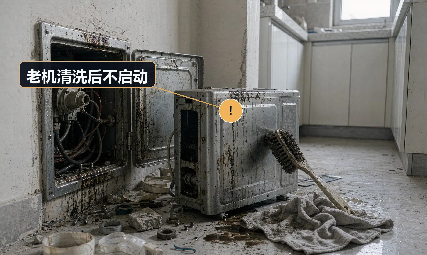 现象:清洗前能转、清洗后不启动,客户认定是洗坏的。原因:机器已到寿命末期,拆装震动导致老化件失效;但作业前未做功能记录