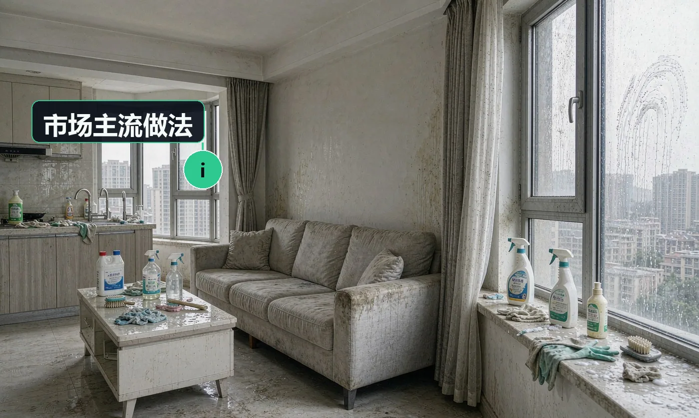 市场主流做法:渗透率仍低,多数客户是「看到脏了才想起洗」,属于被动型需求;社区团购与物业是最有效的获客渠道,单栋楼能连续出单