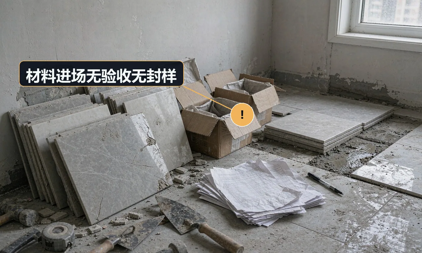 现象:材料拉到现场直接上楼,业主都不知道用的是什么。原因:无进场验收流程;无封样样板;无材料台账