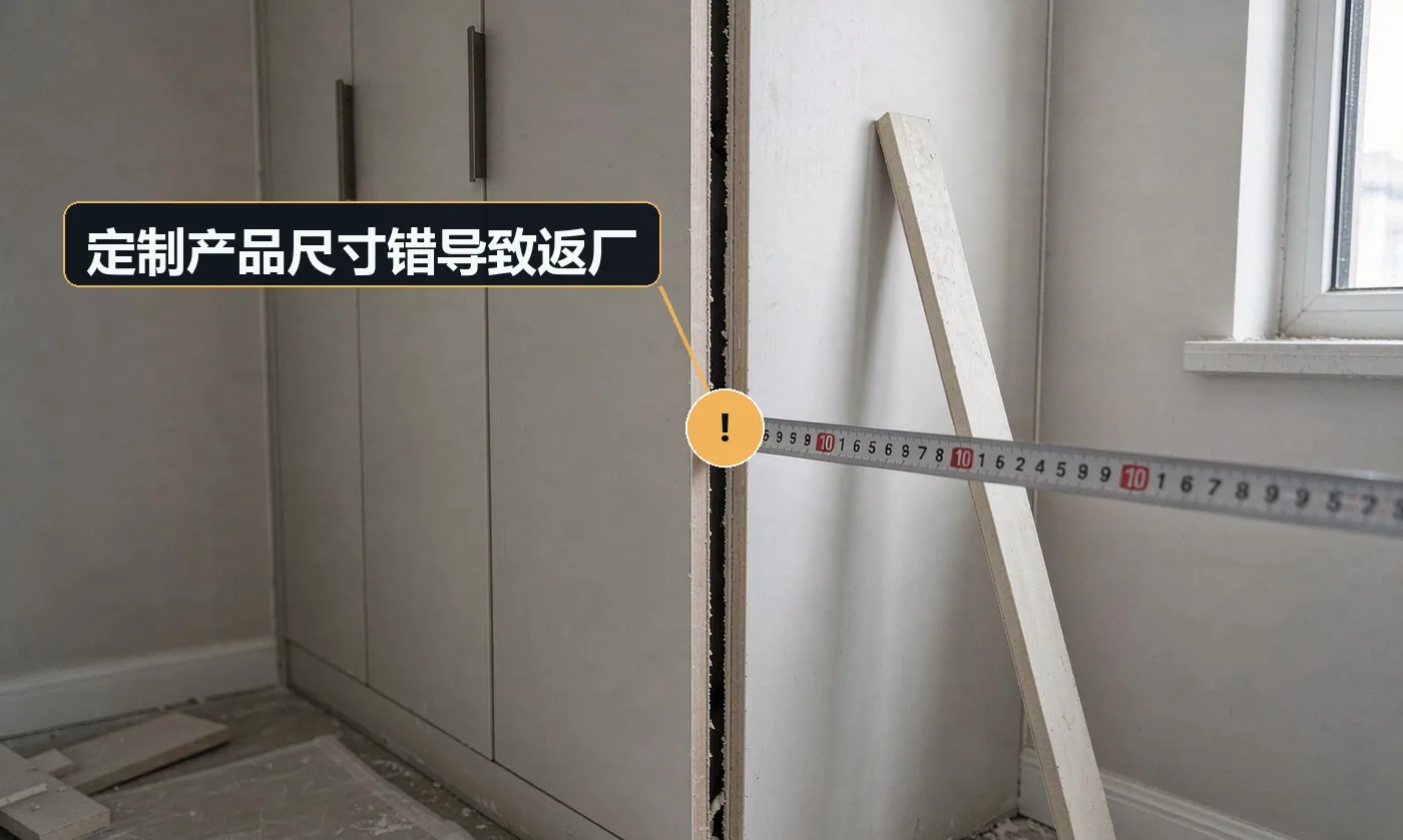 现象:衣柜、橱柜、门到现场装不上,得拉回厂里重做。原因:下单前未复尺;未考虑墙面垂直度、地面平整度、预留缝;图纸与现场不符