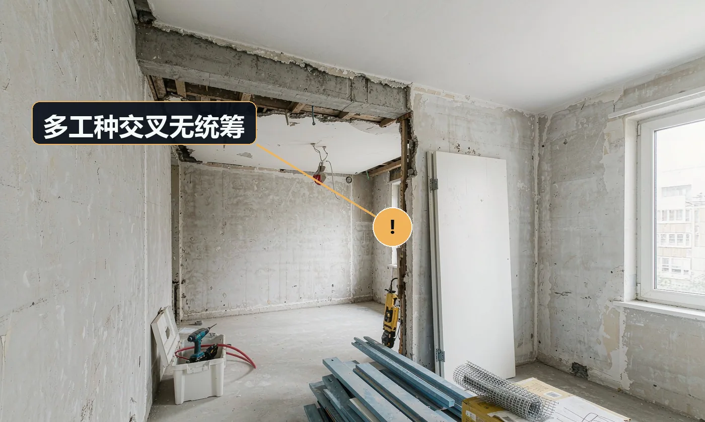 现象:木工干完电工进场把线槽打穿,油漆工把刚装的柜子喷上漆。原因:无工序穿插计划;无场地与工序交接管理;班组各自为战