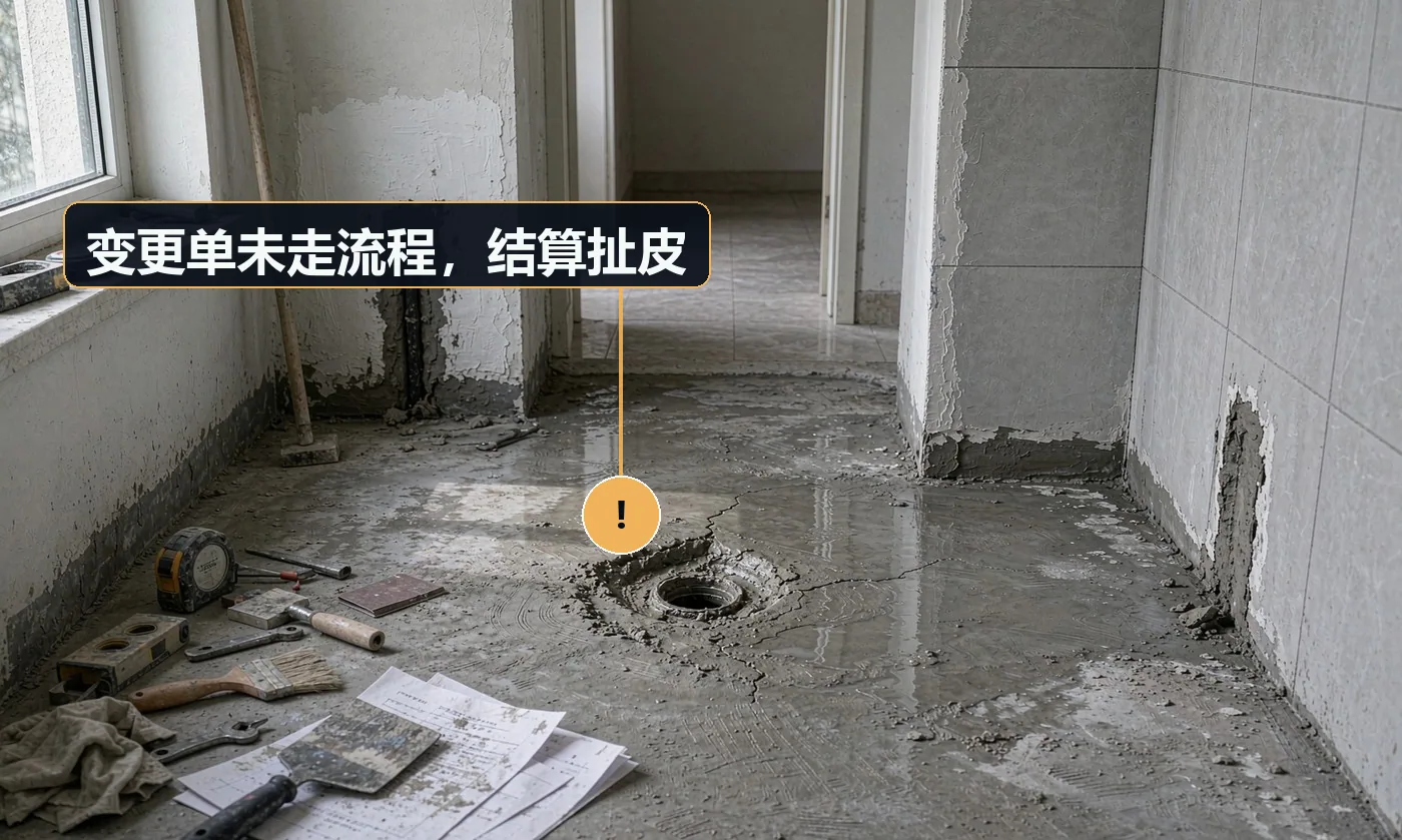 现象:施工中改了好几处,结算时各说各的,金额对不上。原因:变更口头化;无单价依据;无累计台账