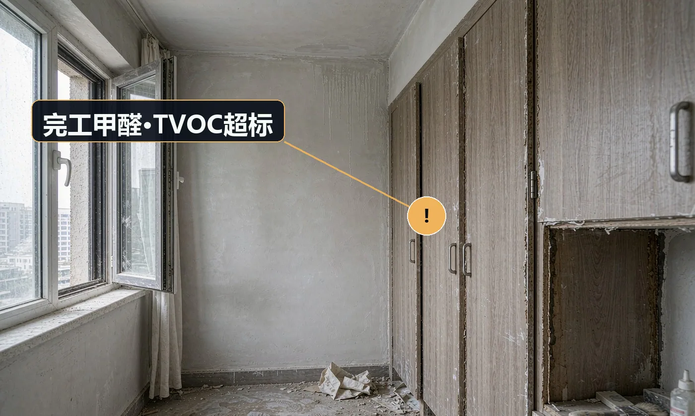 现象:装完一进屋刺鼻味,住进去嗓子不舒服。原因:板材、涂料、胶黏剂环保等级不达标;用量过大叠加;通风不足即交付
