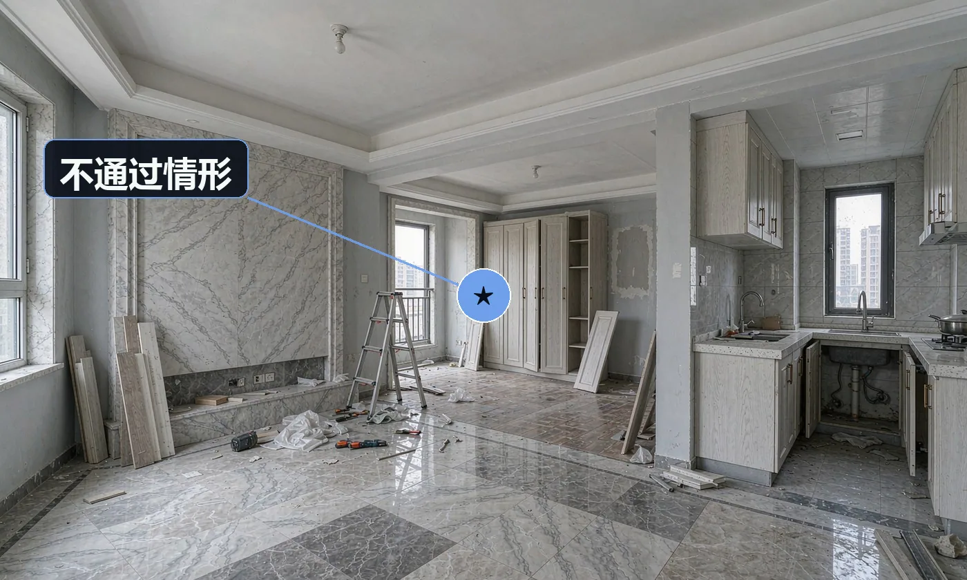 不通过情形:材料与合同 / 封样不符:无条件更换,费用自负;材料环保等级不达标:更换并重测,费用自负