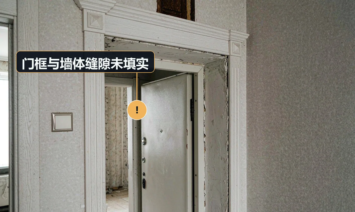 现象:关门后有明显漏风、隔音差,门框用手推有轻微晃动。原因:只打发泡胶未做二次收口;缝隙过大发泡不足;未用水泥砂浆压实
