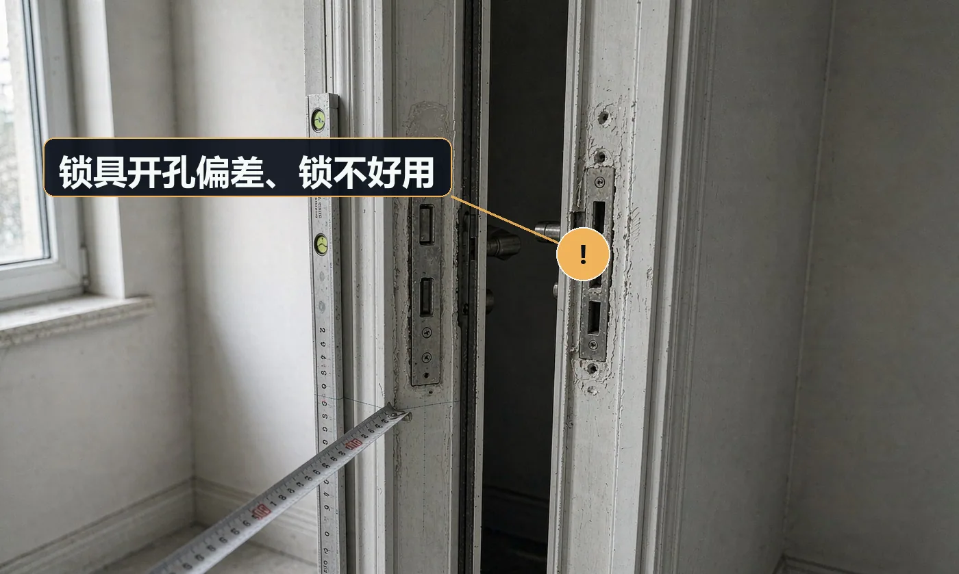 现象:钥匙要拨弄半天才能开,或锁点对不上。原因:锁孔现场开孔偏差;锁体与门扇厚度不匹配;未调试锁点
