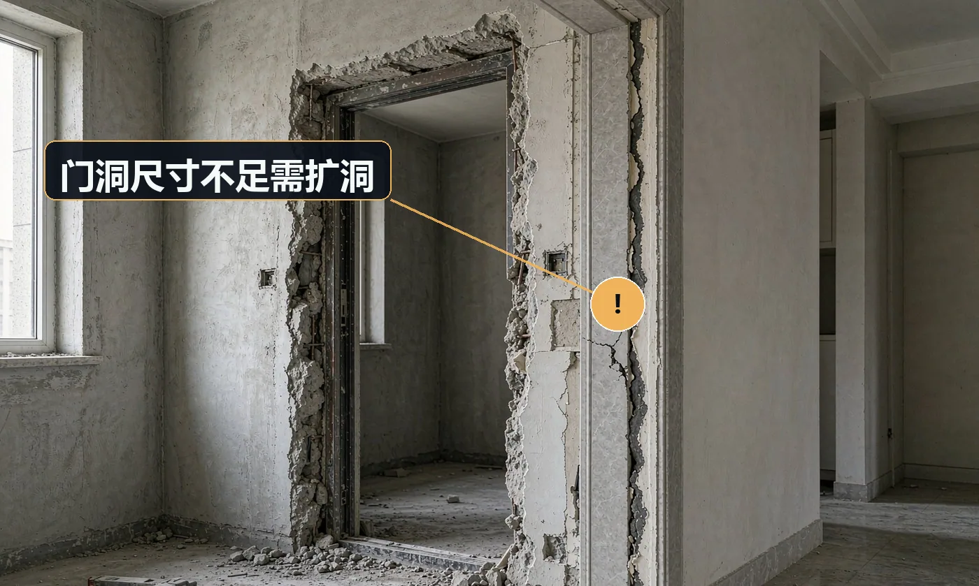现象:门装不进去,需要砸墙扩洞。原因:未提前实测门洞;未确认墙体是否为承重结构