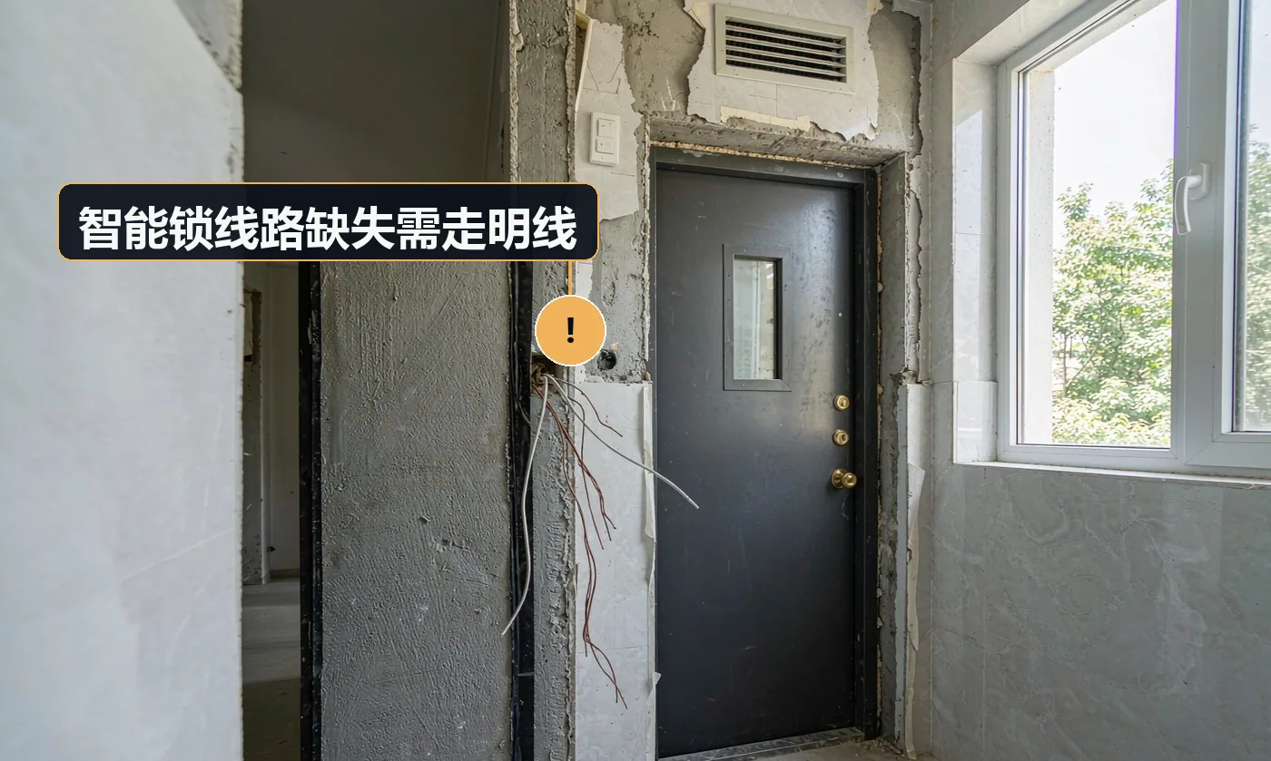 现象:装智能锁时发现门内无预留线路,只能走明线或频繁换电池。原因:改电阶段未考虑智能锁供电;门扇未选带穿线孔的型号