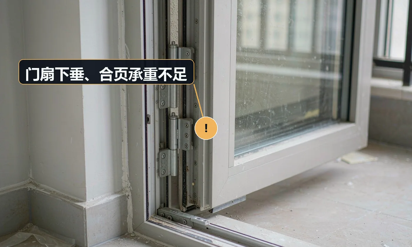 现象:使用一段时间后门扇下坠,底部蹭地。原因:合页数量不足(重门应 ≥3 个);合页规格偏小;门扇自重超出合页承载