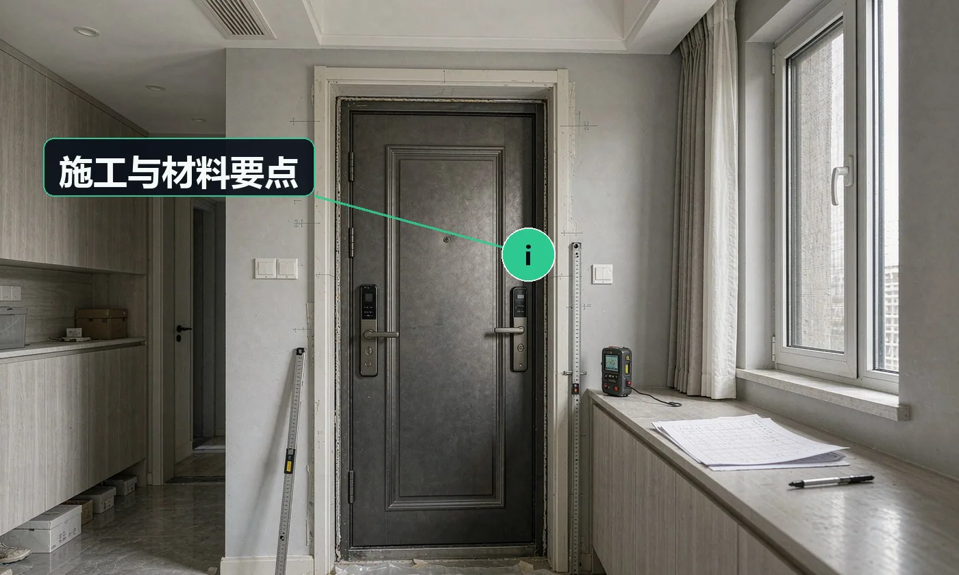 施工与材料要点:入户门客户买的是「安全感」,隔音与防盗等级是核心话术;能不能装,取决于门洞条件——必须现场实测门洞宽高与墙体垂直度