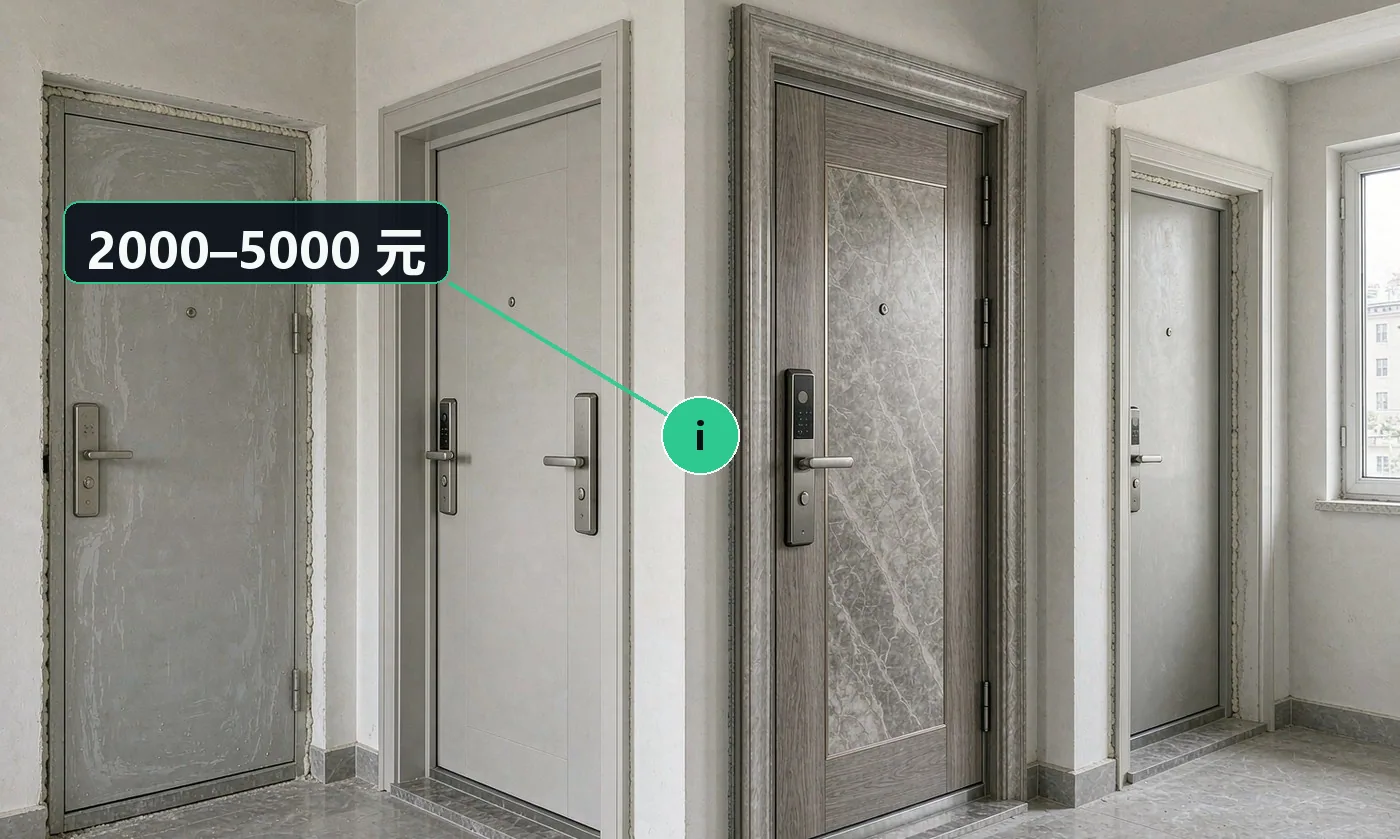 价格区间:防盗门 2000–5000 元 / 樘;装甲门 5000–8000 元 +;智能锁 800–3000 元 / 把;安装含灌浆 300–600 元