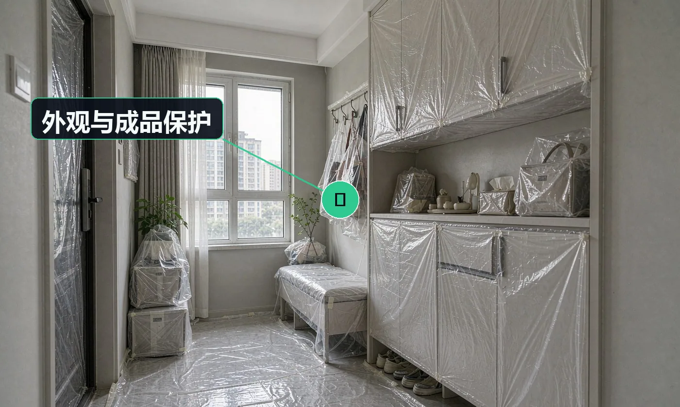 检查方式:目视(护膜状态)。合格标准:门扇无划痕、无磕碰、无污染,涂层完整