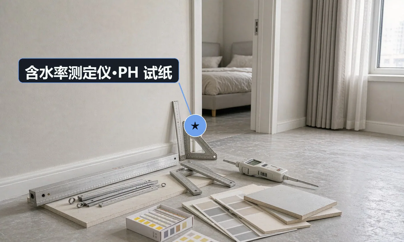 验收工具:2m 靠尺 + 塞尺;直角尺 / 阴阳角器