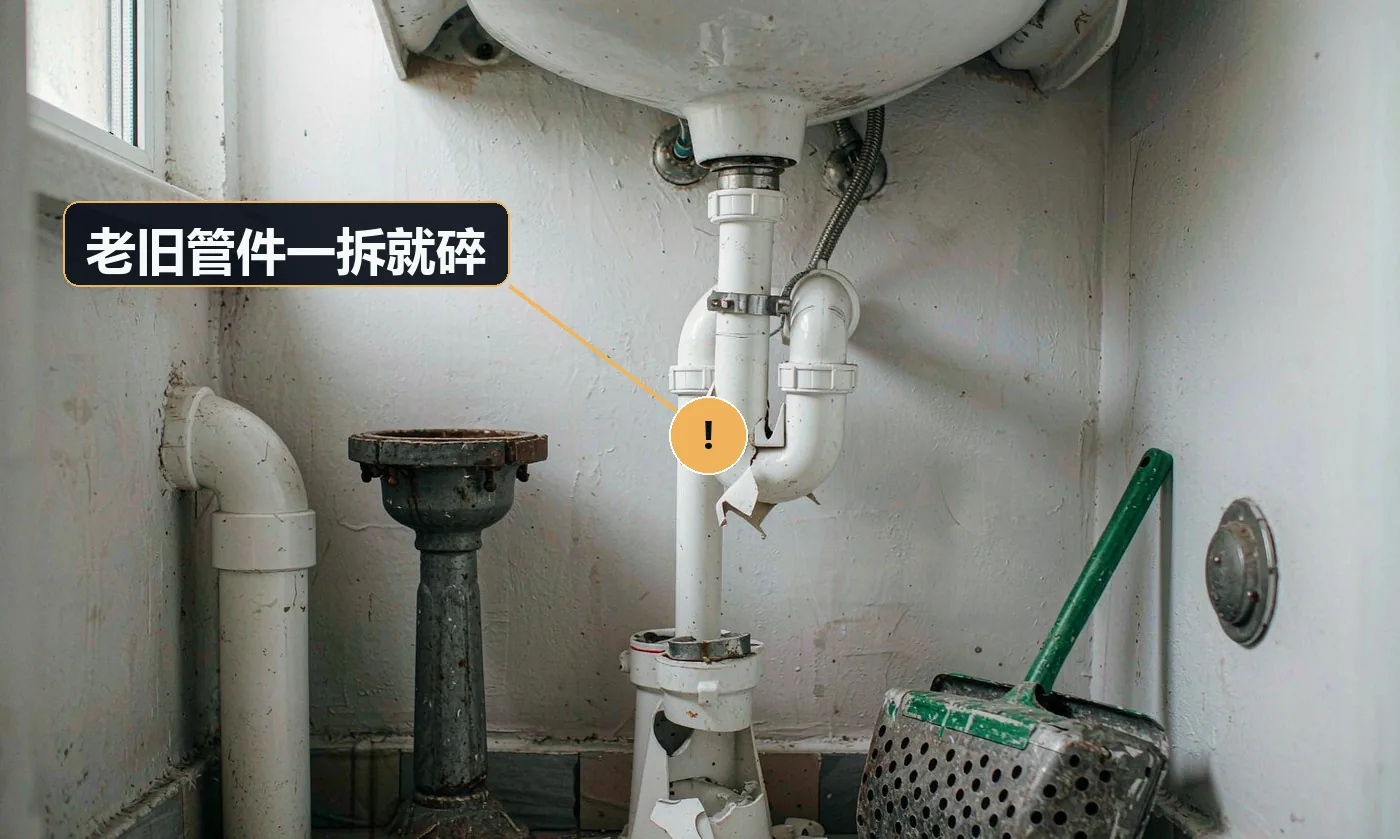 现象:本来只修一处,结果把旁边的老管也弄裂了,水漫一地。原因:老小区镀锌管 / 塑料管已脆化,未预判风险即强行拆卸