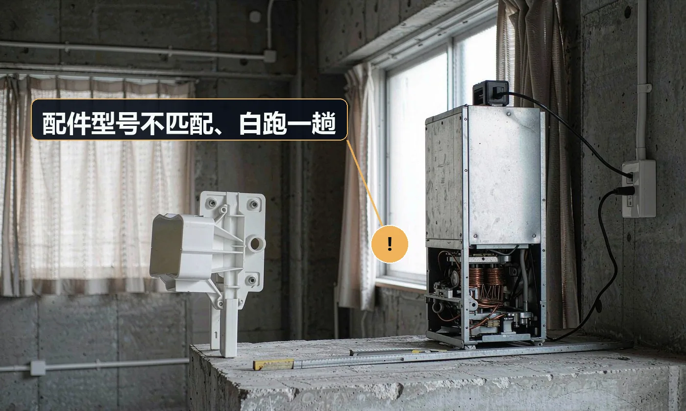 现象:师傅上门发现没带对型号的阀 / 芯 / 灯,约第二天再来。原因:上门前未确认型号;备件库只有通用件