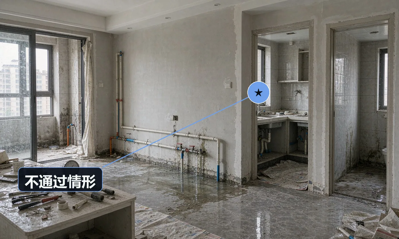 不通过情形:试压不合格:立即返工,不得交付;产生的二次上门成本由作业方承担;电气绝缘或接地不合格:停止送电,修复并复测合格后才可交付