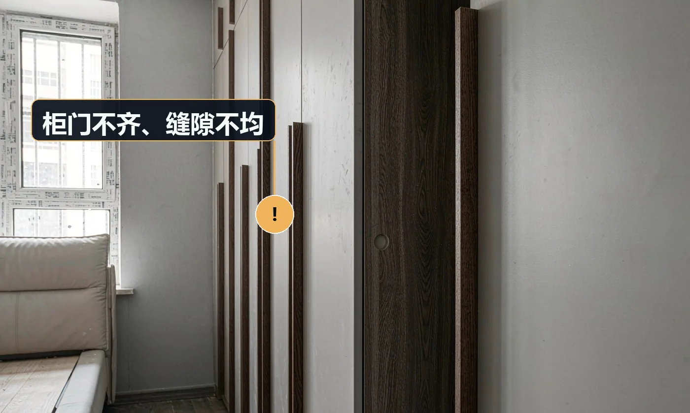 现象:门板高低不一致,缝宽忽大忽小。原因:铰链未调试;柜体安装不水平;门板尺寸公差