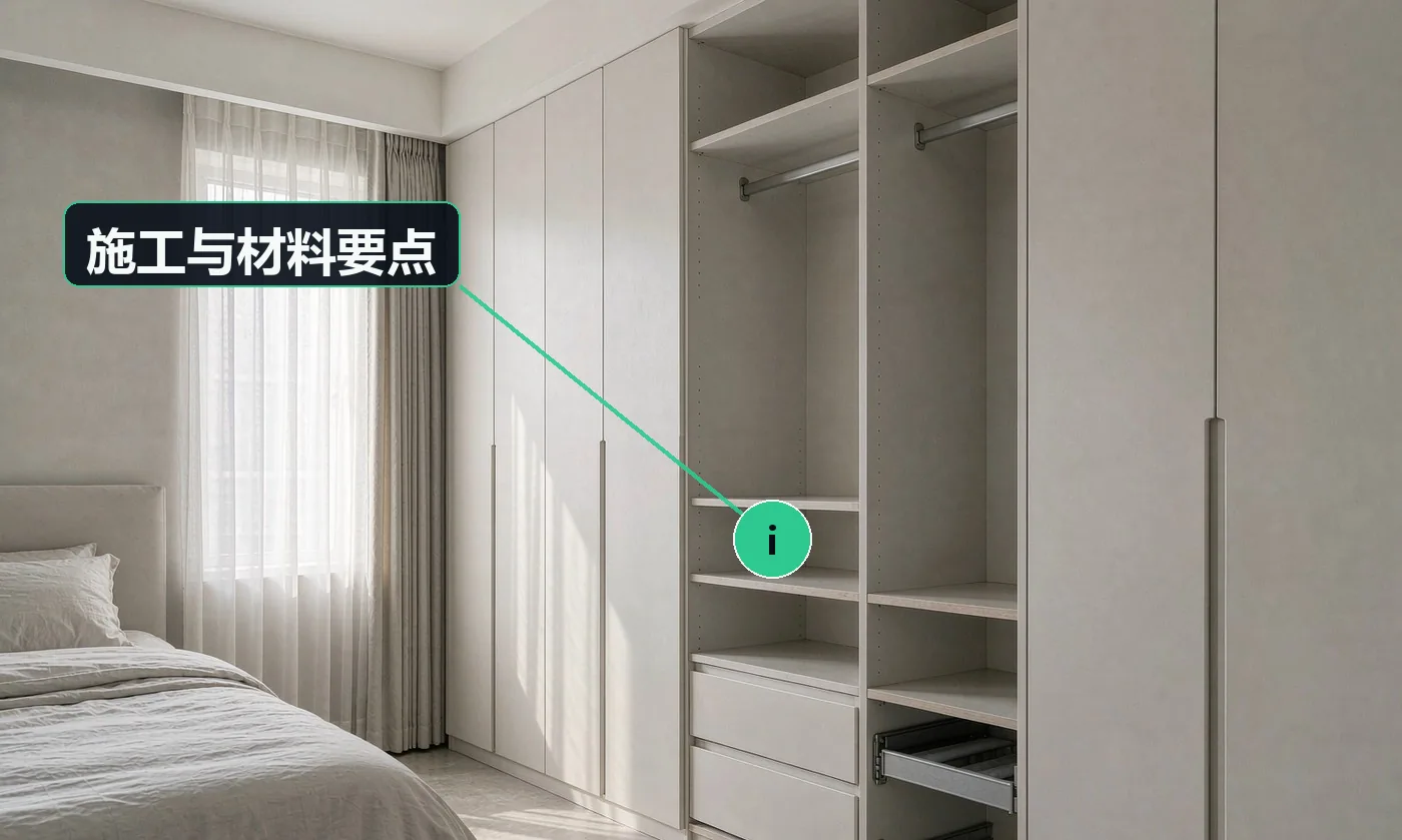 施工与材料要点:衣柜卖的是「收纳方案」而不是板材——先问清衣物数量与类型,再定分区;挂衣区、叠放区、抽屉、裤架的比例,直接决定客户日后满不满意