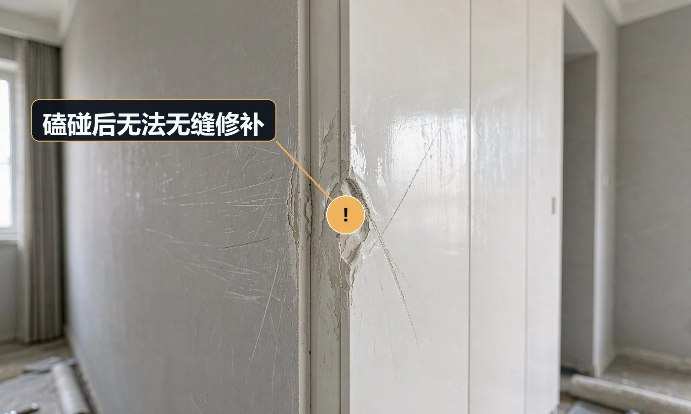 现象:搬家磕掉一块,补上去像贴了个补丁,比原来更难看。原因:艺术漆是手工成型的纹理,无法局部复原;且未预留同批次材料