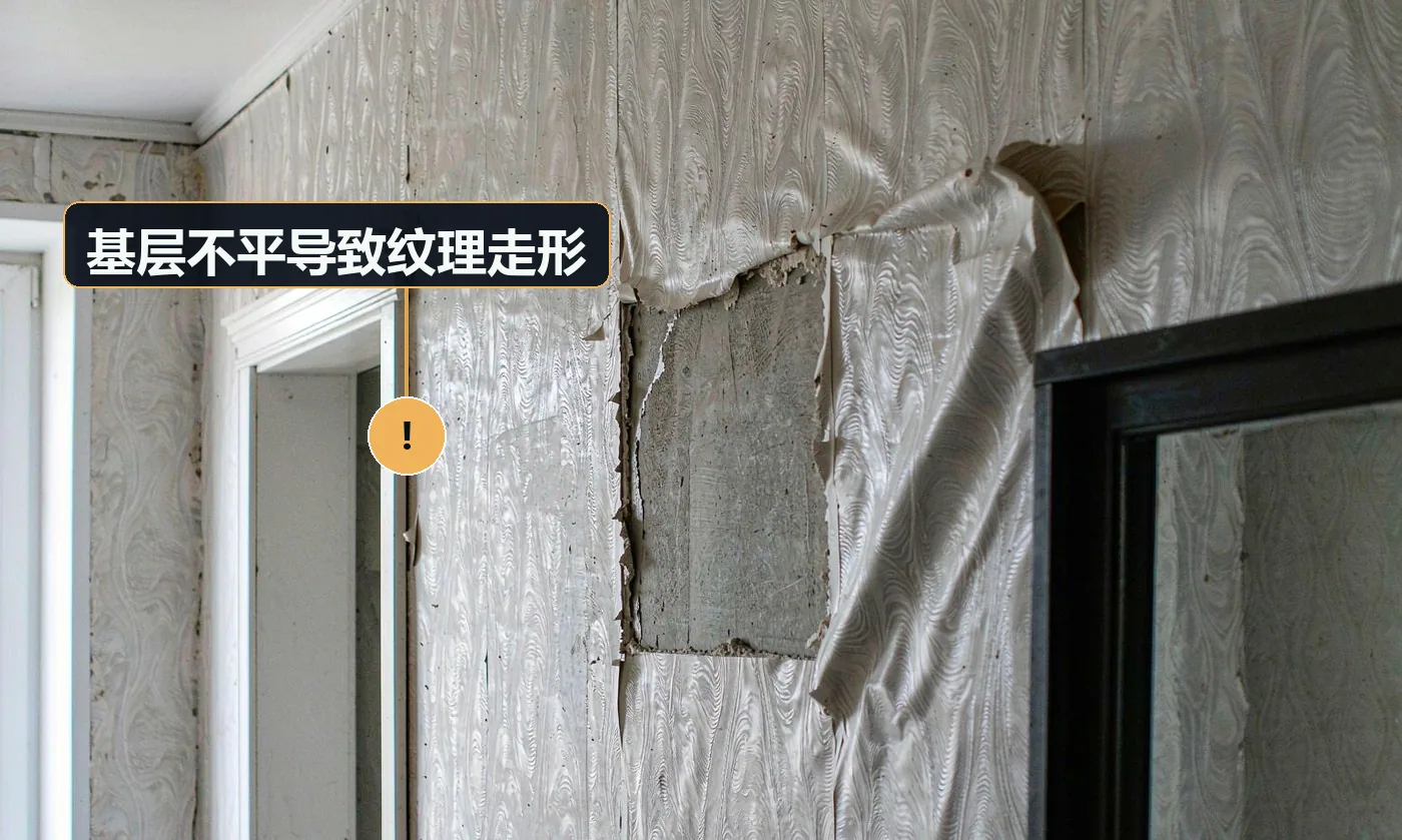 现象:侧光下纹理跟着墙面的起伏走,整体发歪。原因:基层未找平就施工;艺术漆对基层平整度比普通乳胶漆更敏感