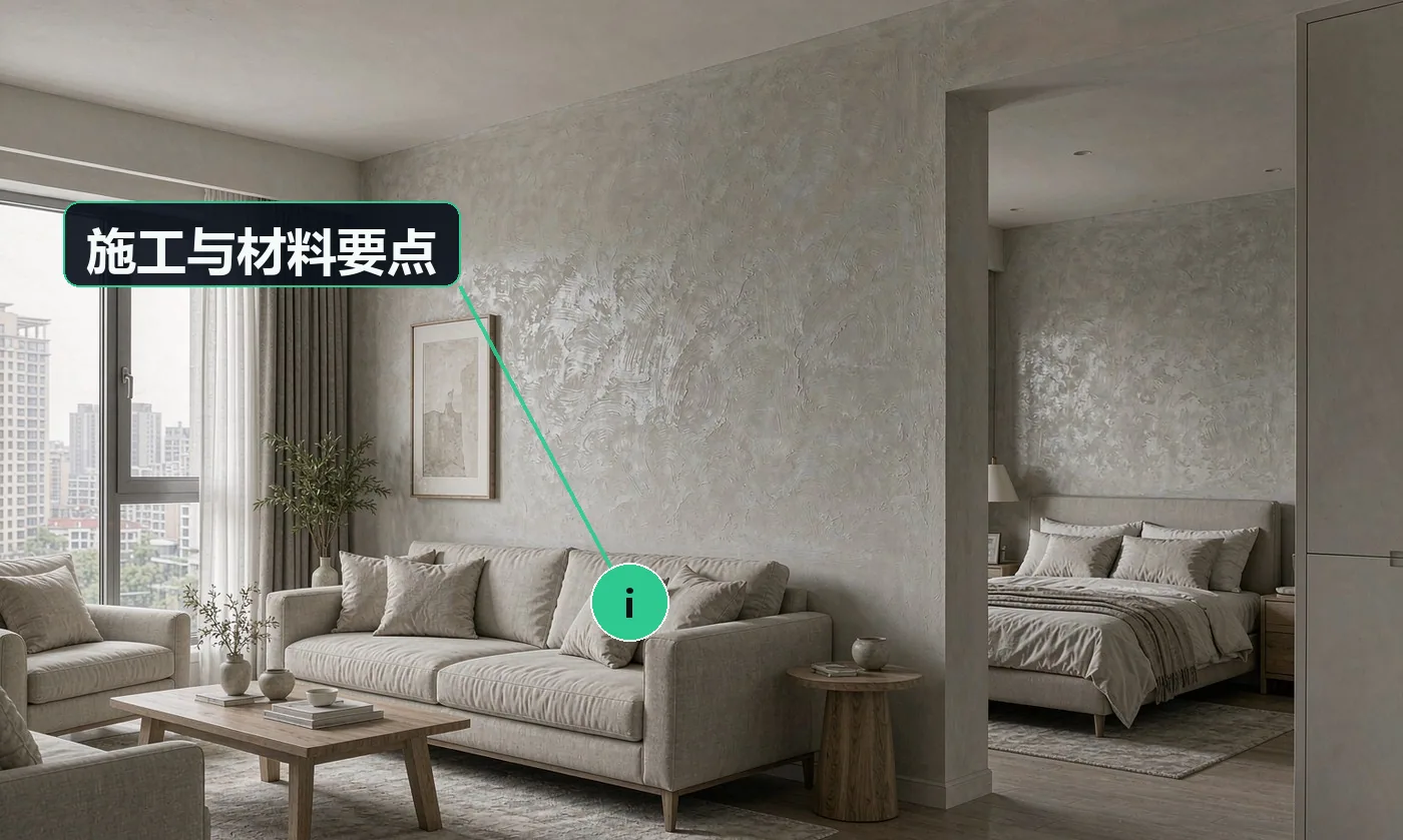 施工与材料要点:艺术漆卖的是「效果」,本质上是卖师傅的手艺,不是卖材料;同一款料,不同师傅做出来的纹理与质感完全不同——先看师傅过往作品
