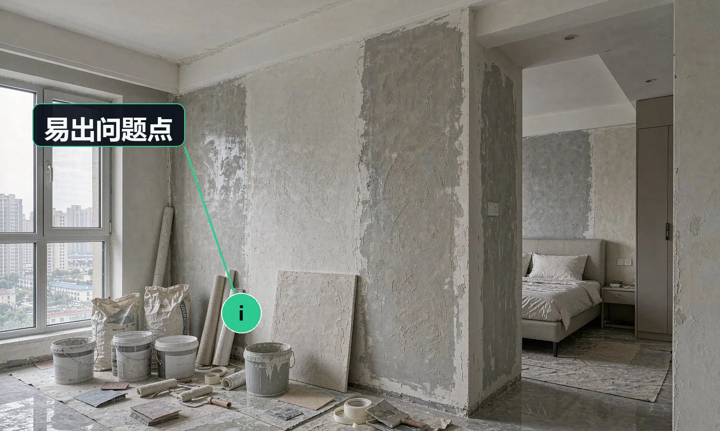 易出问题点:样板与成品效果不一致,是最常见的纠纷来源;师傅手艺不稳定,同一空间不同墙面纹理不统一