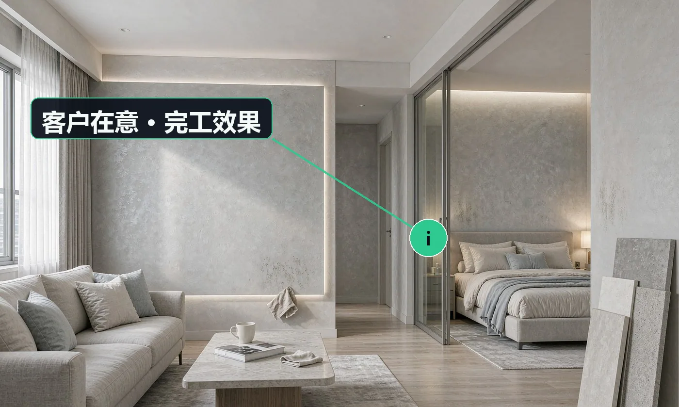 客户在意 · 完工效果:做出来跟样板一样吗,能不能先做样板再决定;好不好打理,脏了能不能擦、会不会留印子