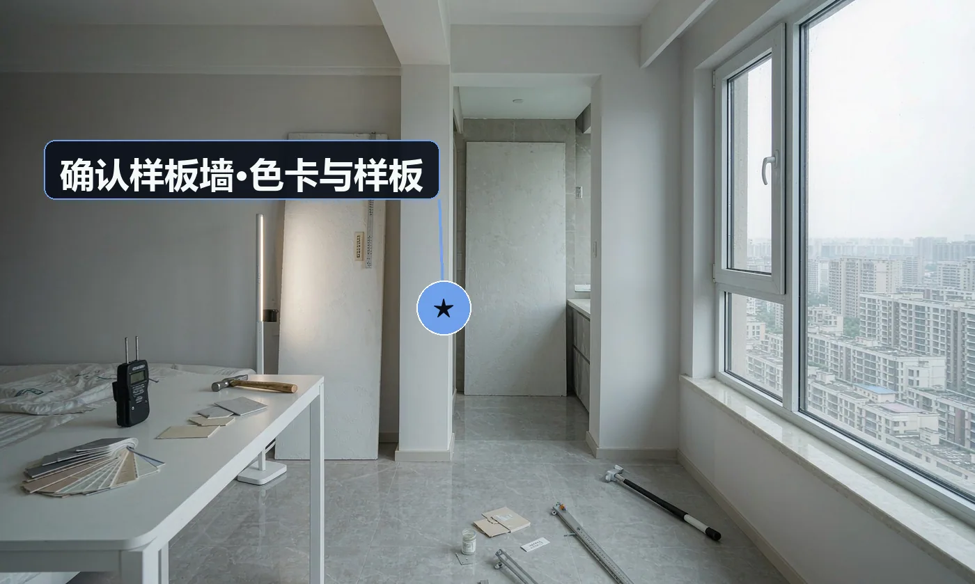 验收工具:确认样板墙(≥1㎡);色卡与样板